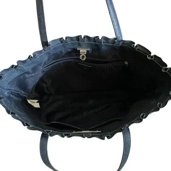 Kate Spade New York Logo Black Leather Tote Double Handles Shoulder Bag Ruffle - Picture 10 of 16